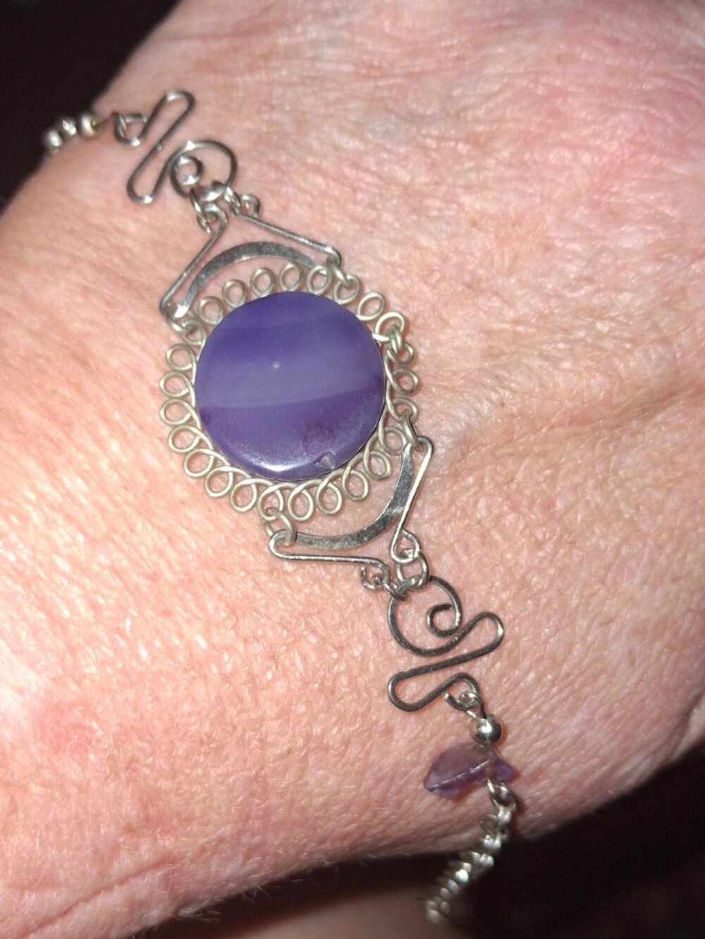 Agate filigree silvertone wire bracelet tribal gemstone dainty boho